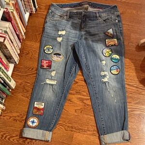 Torrid Distressed Boyfriend Jeans with Colorful Travel Patches